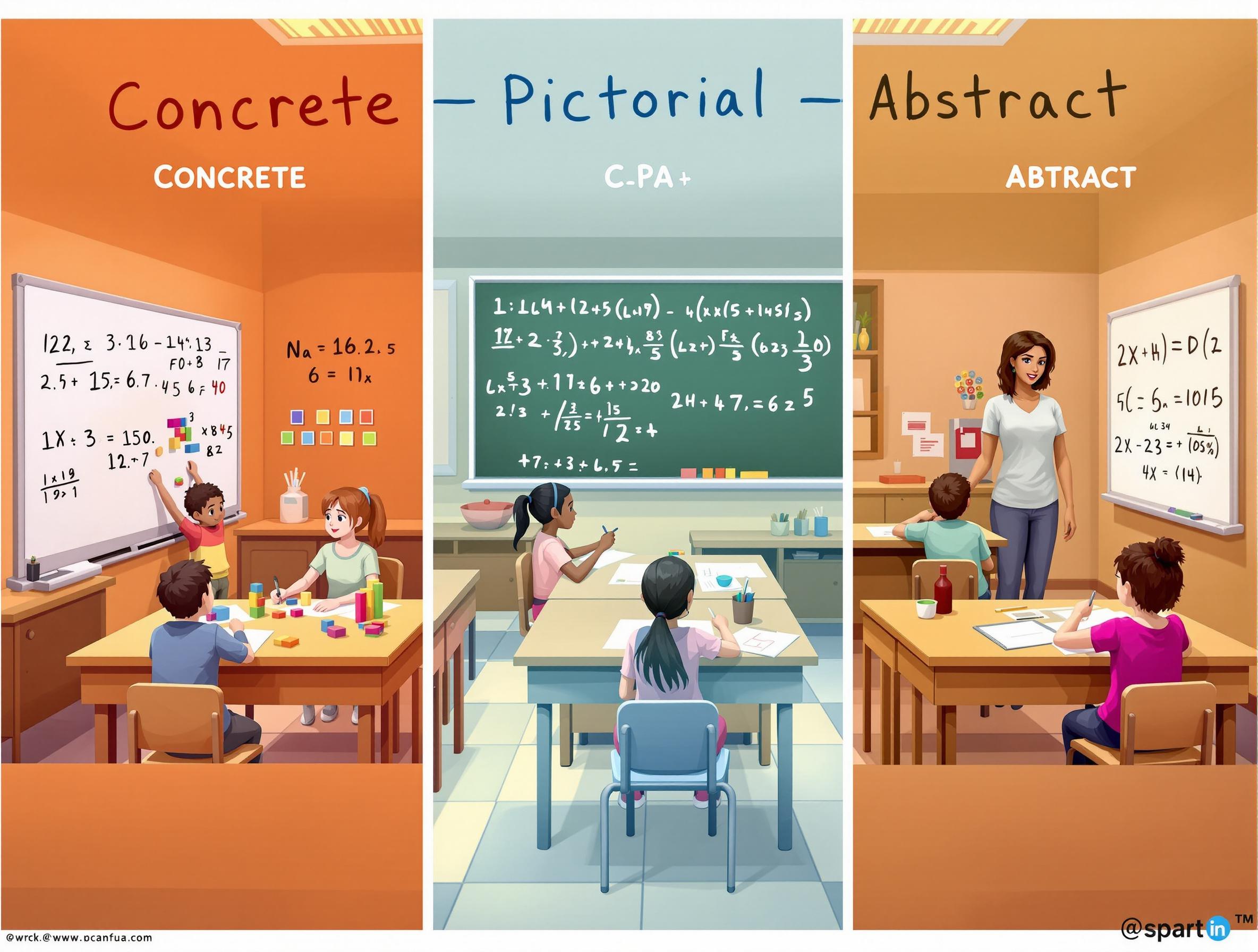An illustration showing the Concrete-Pictorial-Abstract method with physical blocks, drawings of the blocks, and finally mathematical symbols.