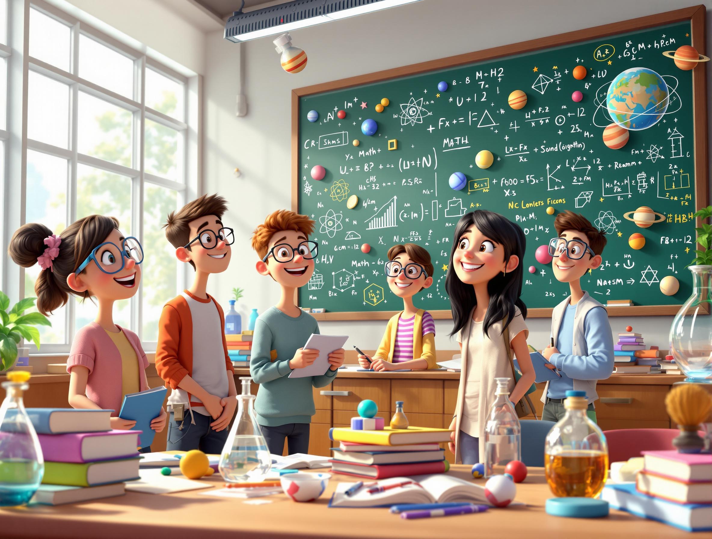 A vibrant classroom with enthusiastic students and a teacher, surrounded by science and math elements.
